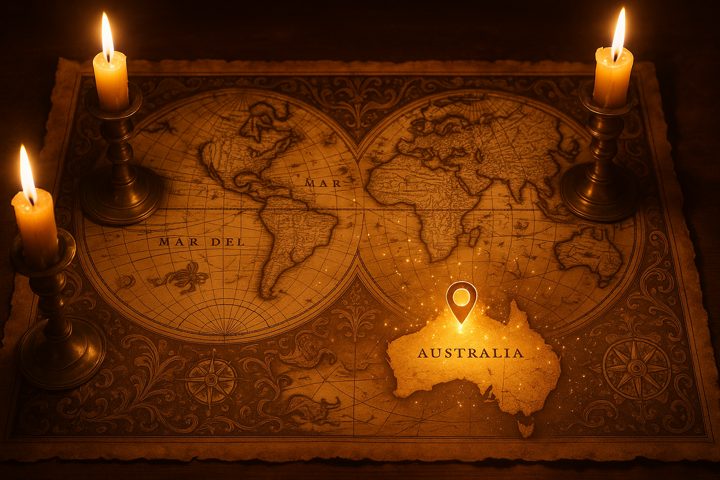 I think it should be a map with Australia pin pointed and 1600s feel and candlelight and magical vibes